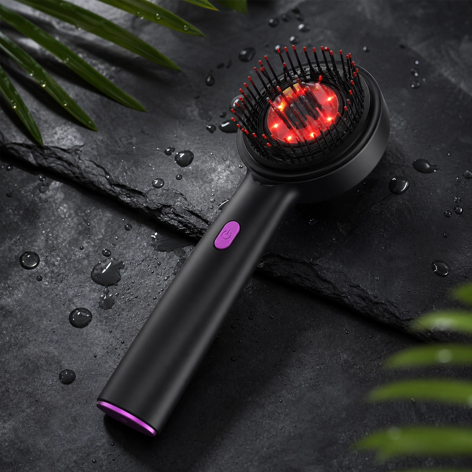 Cepillo masajeador capilar eléctrico con fototerapia LED y aplicador de sérum